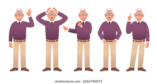 An elderly man in full-length character set. Grandpa is standing in horror, hands in his pockets, waving his hand, pointing at something. An old white man with glasses, a lilac sweater