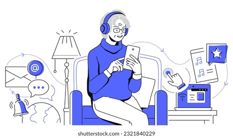 Elderly man and gadgets - modern line design style illustration on white background. Composition with woman using application in mobile phone. Notifications, online communication idea