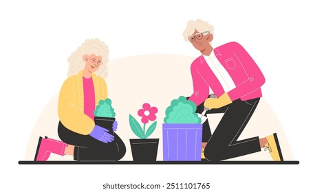 An elderly man are gardening with his wife