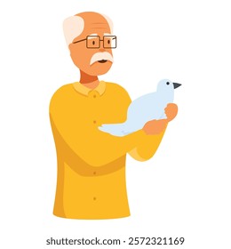 Elderly man is gently holding a white dove, representing peace, hope, and tranquility