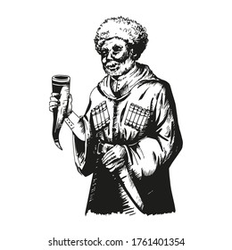 elderly man, Georgian, holding a horn of wine in his hands, vector illustration, doodle, sketch, black and white