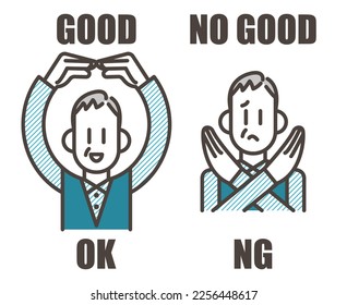 Elderly man gesturing with his arms by making a circle and a cross [Vector illustration].