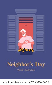 An elderly man gesturing a symbol of love. Neighborhood. Vertical banner with text. Valentine’s day postcard. Vector flat illustration