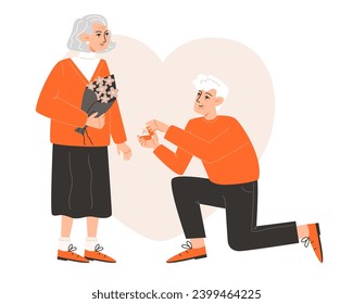 A elderly man gets down on one knee and marriage proposals to a woman