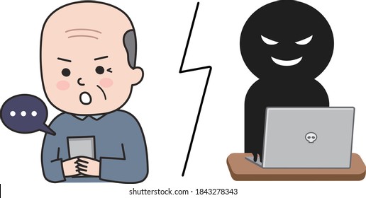 Elderly man getting scammed by a fake website on tablet or smartphone. Vector illustration isolated on white background.