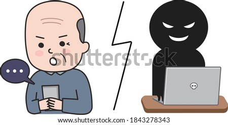 Elderly man getting scammed by a fake website on tablet or smartphone. Vector illustration isolated on white background.