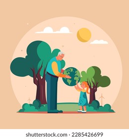 Elderly Man And Girl Character Holding Earth Globe On Sun Nature Peach Background.