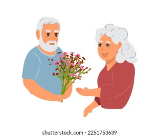 An elderly man gives his wife flowers. old people together. Flat vector illustration