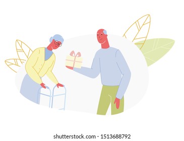 Elderly Man Gives Woman Yellow Gift Box. Vector Illustration. Make Gifts. Family Spends Time Together. Birthday Party. Family Celebration. Elderly Man Gives Gift Wife. Birthday Woman.