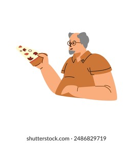 Anciano dando porción de pizza, tratando Vector ilustración plana. Pieza de pizza de mozzarella, sabrosa masa con salchichas, verduras, setas y queso. Refrigerio de comida rápida aislado