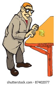An elderly man with glasses is based on a wooden rack in front of him a stack of coins.