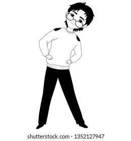 An elderly man with glasses, dressed in pants and a sweater, keeps his hands on his belt. Slender old man with dark straight hair. Black and white cartoon character. Linear vector illustration.
