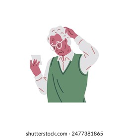 Elderly man in glasses looking at a note with a puzzled expression. Vector illustration captures a senior experiencing memory loss.