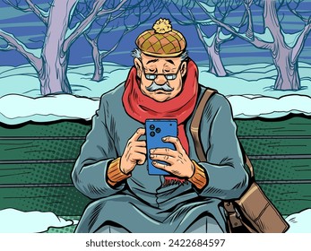 An elderly man with glasses looks at his phone on a bench in winter. Special New Year's offers for the elderly. News feeds for everyone at any time of the year. Pop Art Retro Vector Illustration