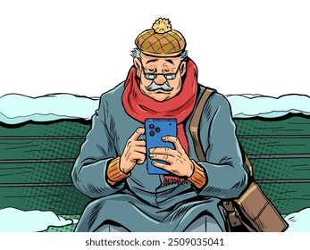 An elderly man with glasses looks at his phone on a bench in winter. Special New Year's offers for the elderly. News feeds for everyone at any time of the year. Pop Art Retro Vector Illustration