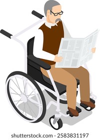 Elderly man with glasses and a mustache reading a newspaper while sitting in a wheelchair, savoring moments of leisure and relaxation in his comfortable lifestyle