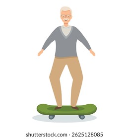 Elderly man with glasses and a mustache standing on a skateboard