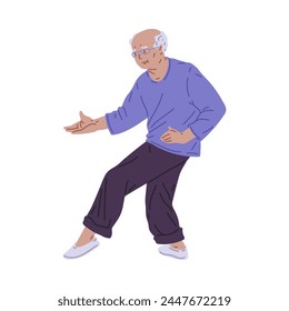 An elderly man with glasses practicing Tai chi exercises. Vector illustration of stretching movements on a white background, reflecting the active lifestyle of the elderly.