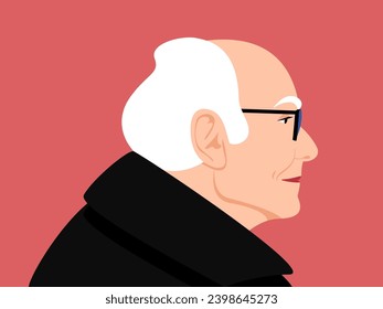 Elderly man with glasses in profile, senior with a pretty look and a coat, flat design