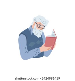 Elderly man in glasses reading book with enjoy and great interest. Cartoon booklover pensioner character vector illustration. Education leisure and self development concept