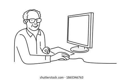 Elderly man in glasses at the table with a computer. Hand drawn vector illustration.