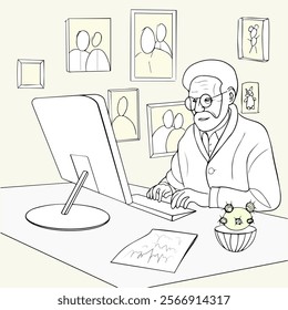 An elderly man in glasses is working at a computer. There is a cactus on the table, and paintings hang on the walls. Black and white vector illustration.