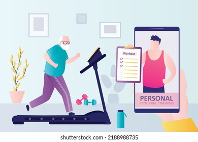 Un anciano va a practicar deportes con entrenador personal en línea. El abuelo corre en la cinta de correr. El entrenador desarrolló un programa de entrenamiento individual para el cliente. Pensionista haciendo actividad física. Ilustración del vector