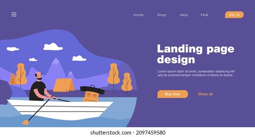 Elderly man going on hike flat vector illustration. Grandfather floating on river, sitting in boat, tent on shore. Camping, old age, retirement, travel, vacation, tourism concept for banner design