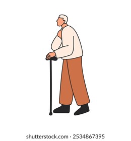 Elderly man going with walking stick. Senior male character leaning on cane, strolling outdoors, on street. Retired person of old age, profile. Flat vector illustration isolated on white background