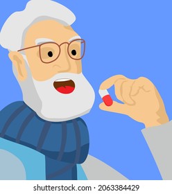 An elderly man got sick. Old man eating pill for health. Disease treatment. Drug and vitamin, care for person. Vector illustration