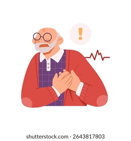 Elderly man grabbing his left chest in pain, suffering sudden heart attack, cardiac health medical emergency. Flat vector character illustration isolated on white background