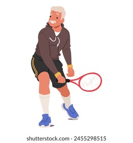 Elderly Man Gracefully Swings His Tennis Racket, Showing Agility Despite Age. Aged Mustached Male Character Chasing The Ball With Seasoned Finesse On The Court. Cartoon People Vector Illustration