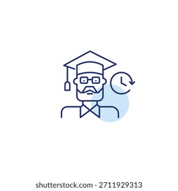 Elderly man in graduation hat and clock. Lifelong learning opportunities, inclusive universities. Pixel perfect, editable stroke vector icon