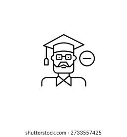 Elderly man in graduation mortar hat and minus. All-time education, degree cancelled. Pixel perfect, editable stroke vector icon