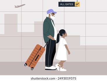 An elderly man and a granddaughter, stand together at an airport departure gate, waiting for their flight, the man is pulling a suitcase, suggesting a journey ahead