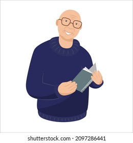 An elderly man. Grandfather with a book. A bald man. A joyful old man.