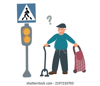 An elderly man or grandfather crosses the road at an unregulated pedestrian crossing. Traffic Laws. Safety on the road. Vector illustration.