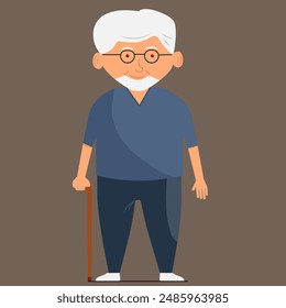 Un anciano, un abuelo con gafas y una camisa azul, de pie con un bastón sobre un fondo oscuro. Parece que tiene unos 60 o 70 años.  Vector.