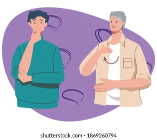 elderly man, grandfather, speaks with a young guy grandson, the young guy understands nothing and thinks, gestures signs, deaf flat vector illustration of communication between people