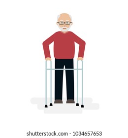 Elderly man, grandfather walking with a walker. Vector illustration in a flat style.