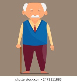 An elderly man, a grandfather in a yellow shirt and blue vest, stands with a cane on a dark background. He looks like he is about 60 or 70 years old.  Vector.