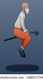 An elderly man with a gray beard levitates in the air on a walking stick. There is shadow below him on the ground. Blue background, vector.