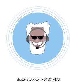 An elderly man with a gray beard and mustache with headphones with a microphone. Flat icon, avatar.