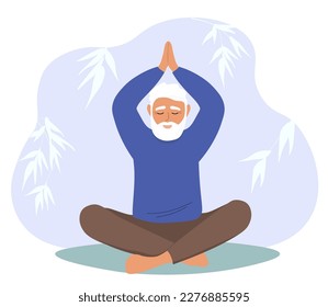 Un anciano con barba gris se sienta en una posición de loto. El abuelo hace yoga. medita. lleva a un estilo de vida saludable. Gráficos vectoriales.