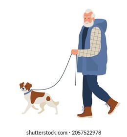 an elderly man and gray hair   beard walks and dog  active recreation and pet  the concept elderly people in flat trending style  stock vector illustration  EPS 10 