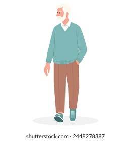 An elderly man with gray hair and a beard walks and looks to the side. Vector flat illustration