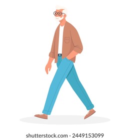 An elderly man with gray hair and a beard walks and looks to the side. Vector flat illustration