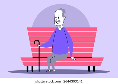 Elderly man with gray hair and cane sitting comfortably on vibrant pink bench. Man wearing sweater and pants, enjoying sunny day in park