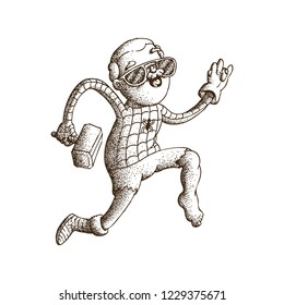 Elderly man with gray hair and a mustache in a red and blue suit is jumping with a hammer. Dot work old man with a gold glove and precious stones. Mutant in ripped shorts with a muscular green leg