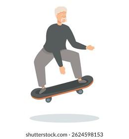 Elderly man with gray hair and a mustache is skillfully riding a skateboard